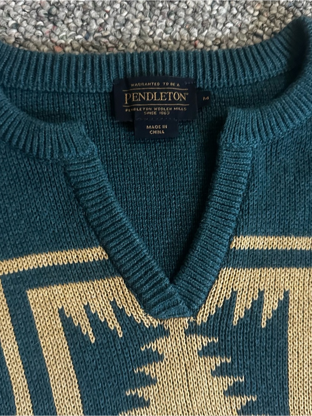 Pendleton Teal and Tan Geometric V-Neck Sweater - Picture 2 of 3